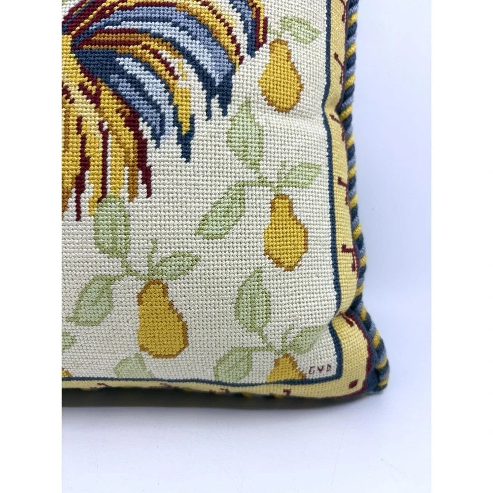 Vintage Yellow and Blue Rooster Country Needlepoint Pillow